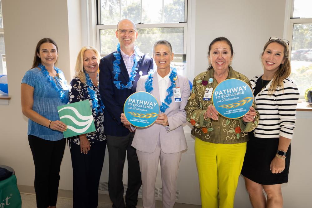 From left: Kelly Buckingham, Pathway to Excellence Coordinator, Renee Clark, Southcoast Health Executive Vice President and Chief Operating Officer, David O. McCready, Southcoast Health President and CEO Michele Wakeman, Associate Chief Nursing Officer Jacqueline Somerville, Senior Vice President and Chief Nursing Officer and
Andrea Laliberte Pathway to Excellence Program Manager. Source: Tom Revine